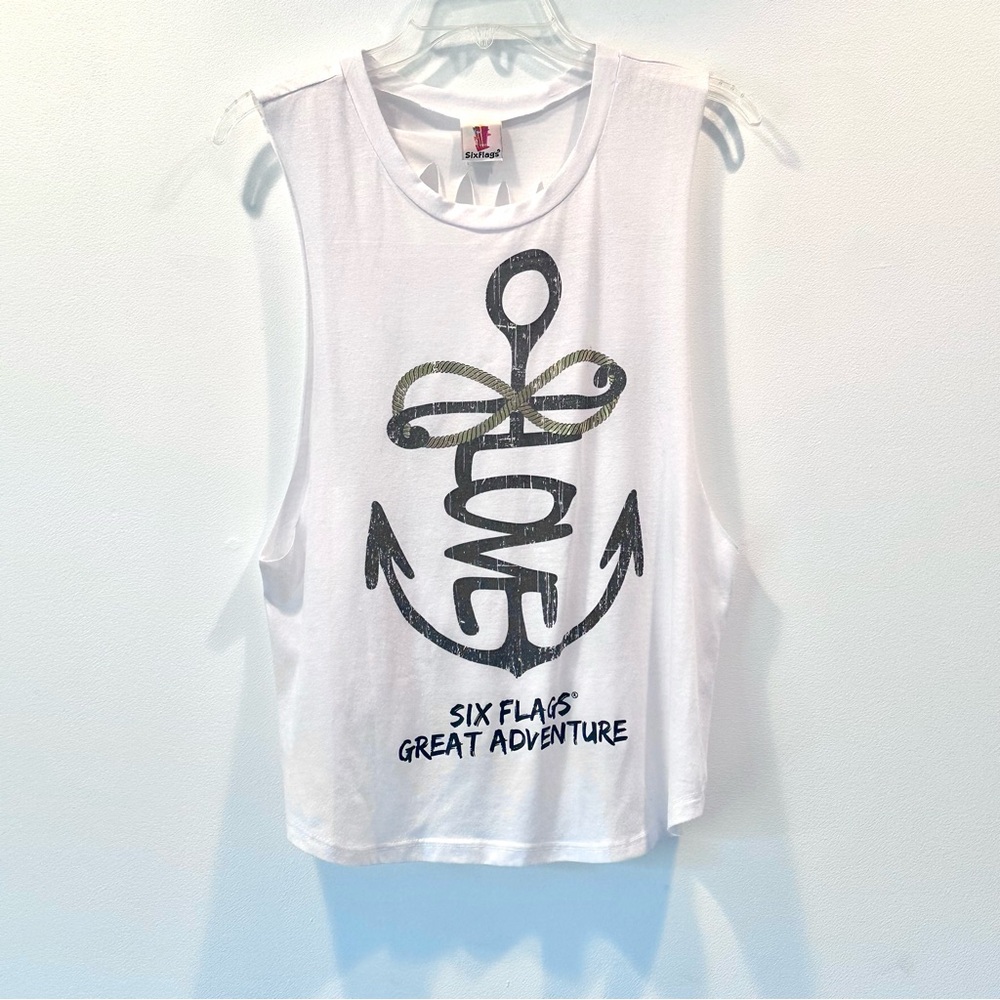 Women's White Six Flags Great Adventure Cutout Sleeveless Muscle Tee, Size M